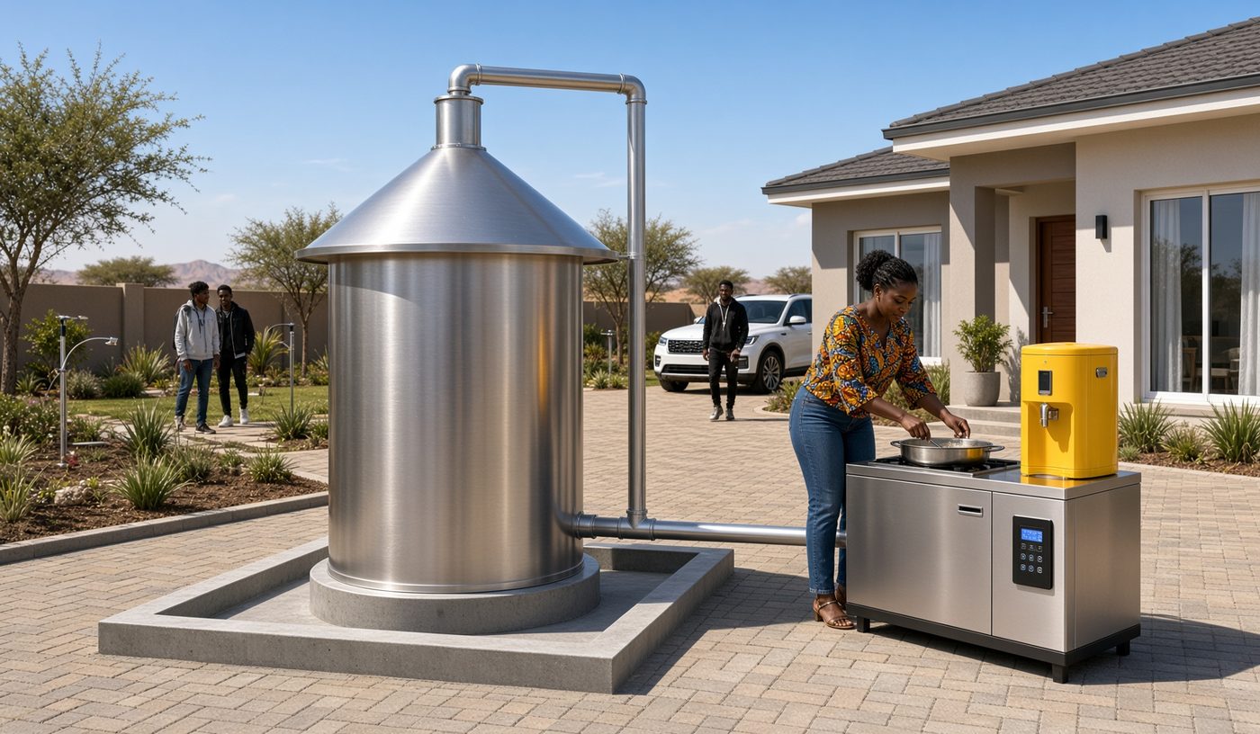 Rendu illustratif : digesteur de biogaz domestique à côté d'un foyer de cuisson